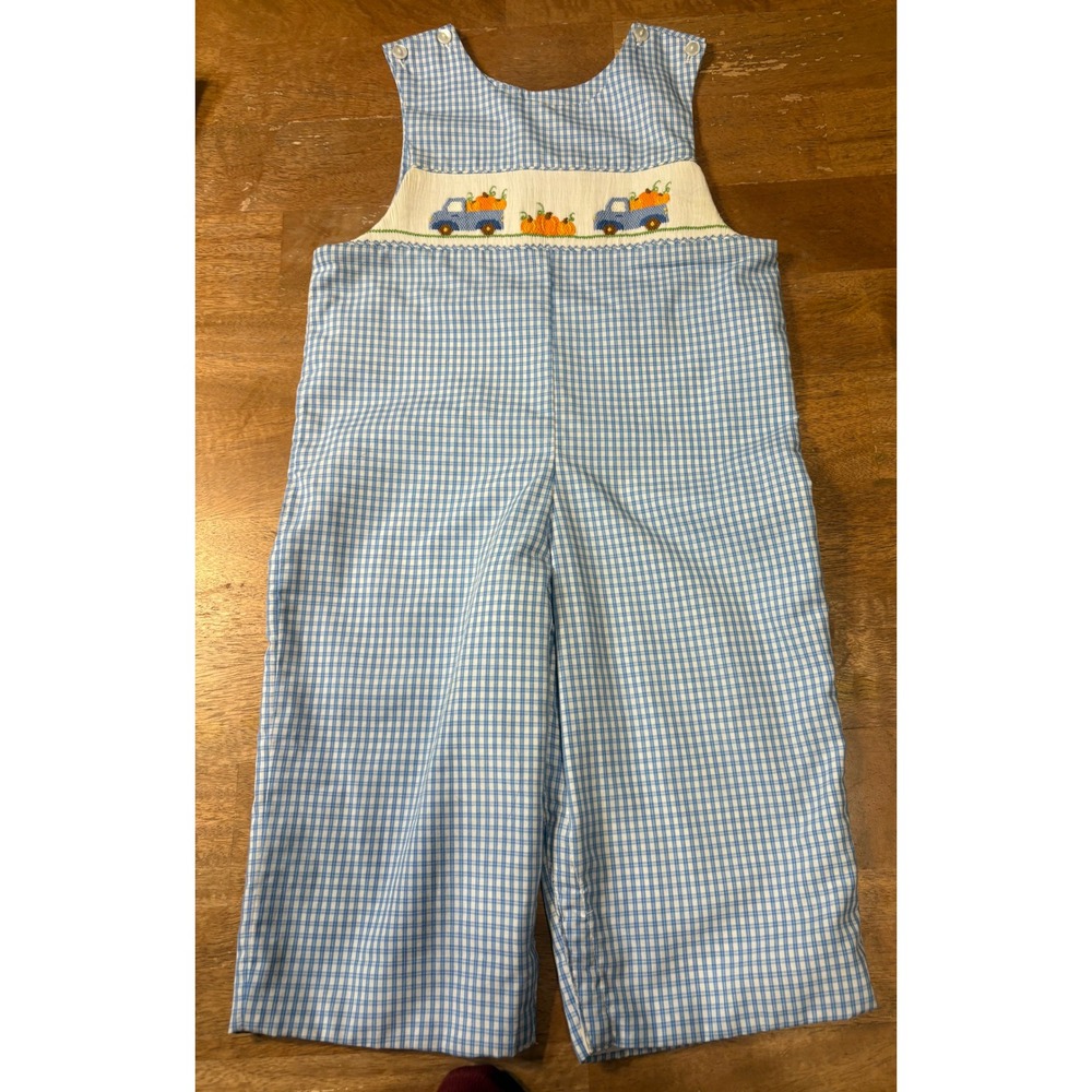 Anavini 24M Smocked Pumpkin Truck Longall Blue Check Jon Jon Overalls 100 Cotton